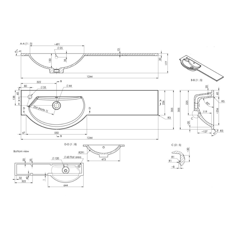 Opulent 1244mm Slim Round One-Piece Basin and Overflow Ring - Left Hand (OBC109929)