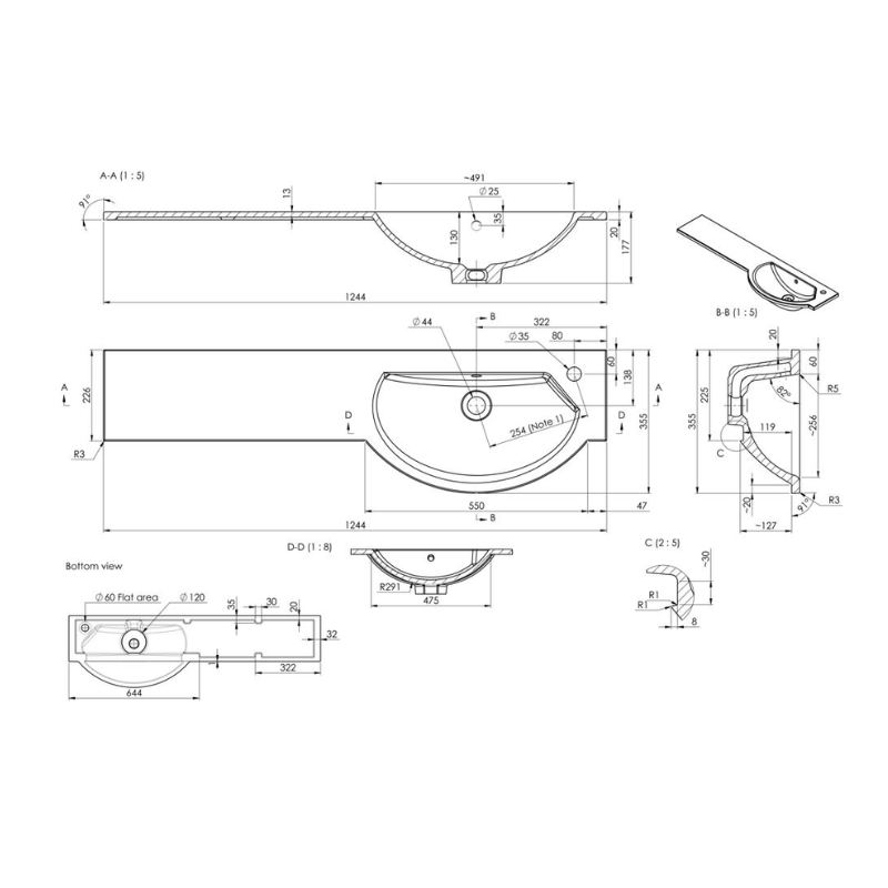 Opulent 1244mm Slim Round One-Piece Basin and Overflow Ring - Right Hand (OBC109930)