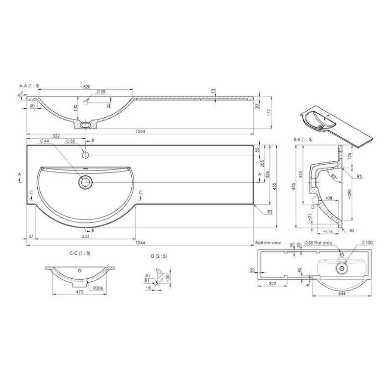 Opulent 1244mm Standard Round One-Piece Basin and Overflow Ring - Left Hand (OBC109932)