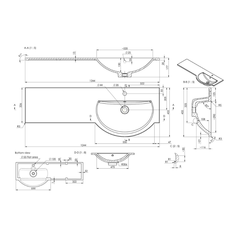 Opulent 1244mm Standard Round One-Piece Basin and Overflow Ring - Right Hand (OBC109933)