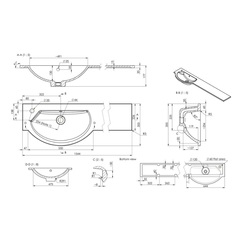Opulent 1544mm Slim Round One-Piece Basin and Overflow Ring - Left Hand (OBC109935)