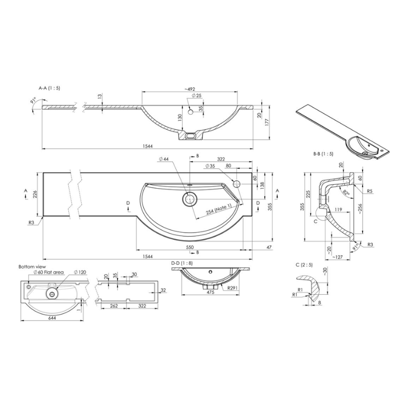 Opulent 1544mm Slim Round One-Piece Basin and Overflow Ring - Right Hand (OBC109936)