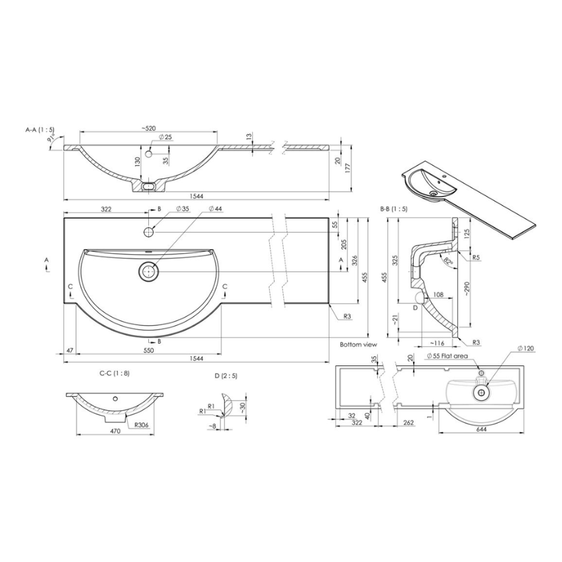 Opulent 1544mm Standard Round One-Piece Basin and Overflow Ring - Left Hand (OBC109938)