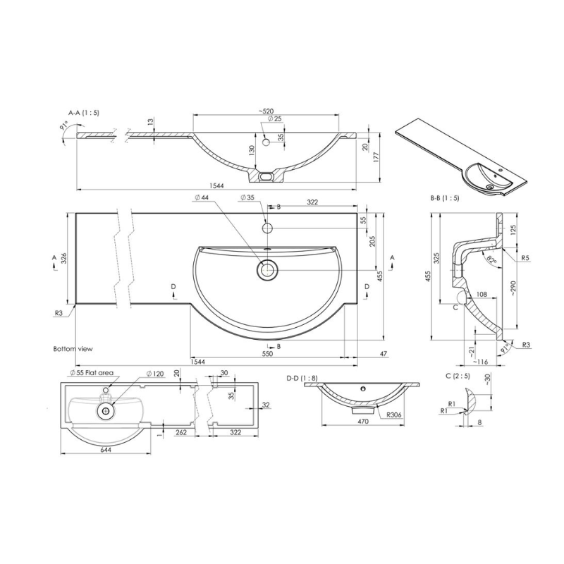 Opulent 1544mm Standard Round One-Piece Basin and Overflow Ring - Right Hand (OBC109939)