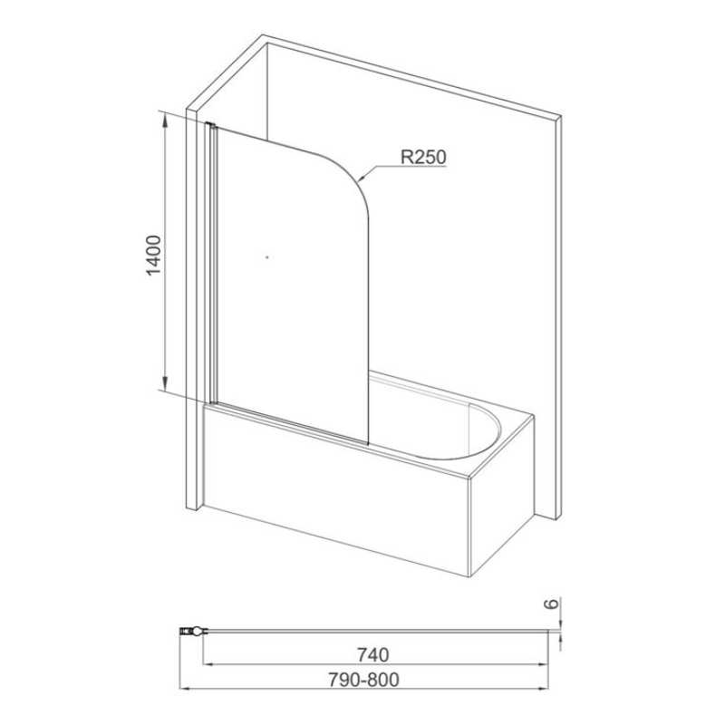 Opulent 800x1400mm Radius Bath Screen (6mm) - Chrome (OBC111428)
