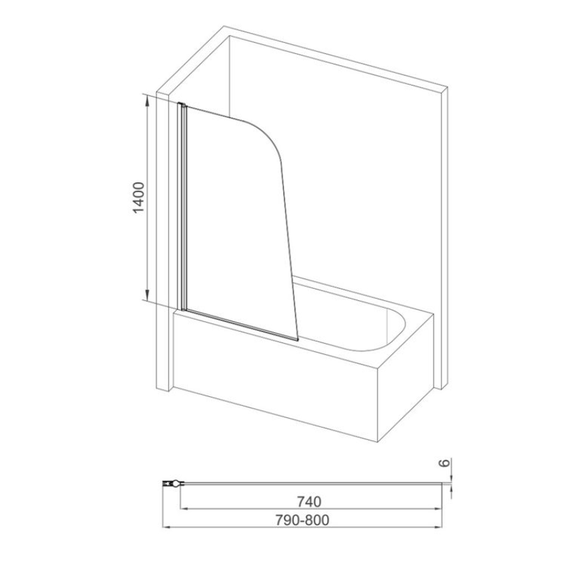 Opulent 800x1400mm Sail Bath Screen (6mm) - Chrome (OBC111429)