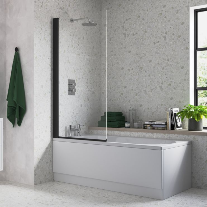 Opulent 800x1400mm Square Bath Screen (6mm) - Black (OBC108068)