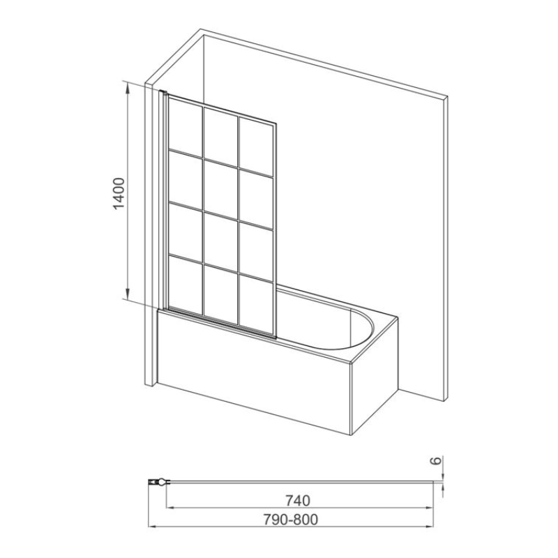 Opulent 800x1400mm Square Grid Bath Screen (6mm) - Black (OBC111430)