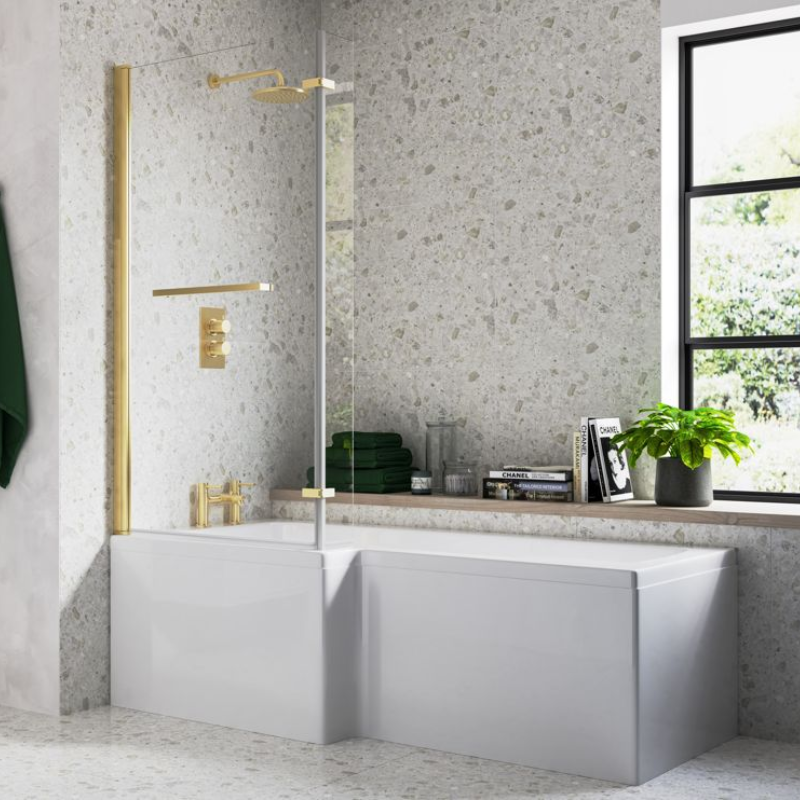 Opulent 815x1500mm L Shape Bath Screen (6mm) - Brushed Brass (OBC111389)