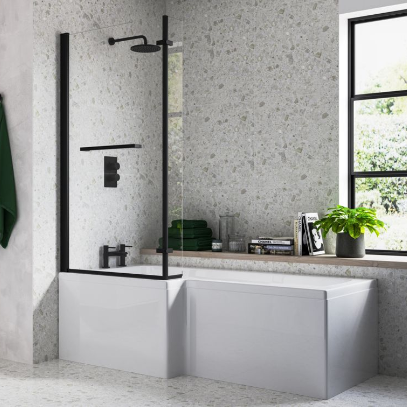 Opulent 815x1500mm L Shape Bath Screen (6mm) - Matt Black (OBC111388)