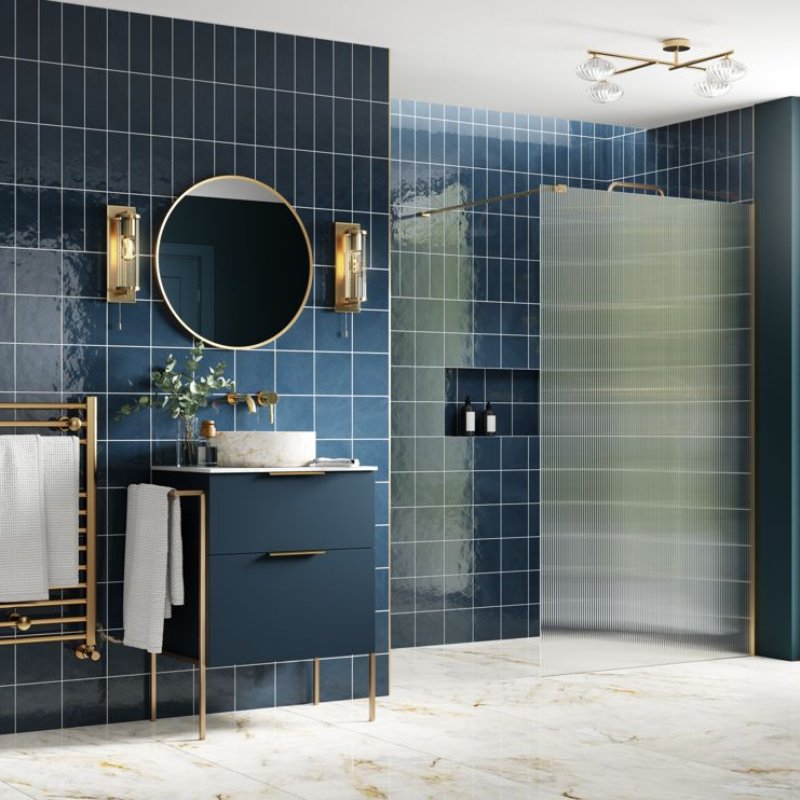 Opulent Alamo 1000mm Fluted Wetroom Panel & Support Bar - Brushed Brass (OBC107579)