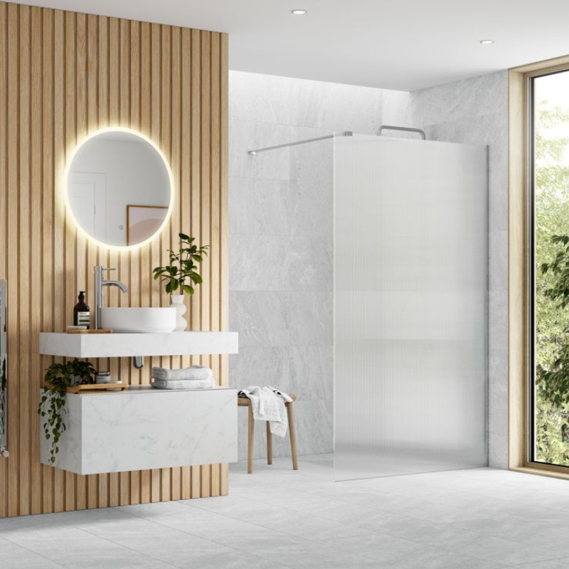 Opulent Alamo 1000mm Fluted Wetroom Panel & Support Bar - Chrome (OBC107531)