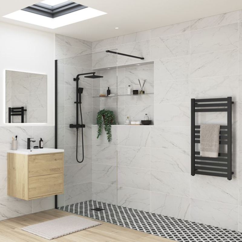 Opulent Alamo 1100mm Wetroom Panel & Support Bar - Black (OBC108937)