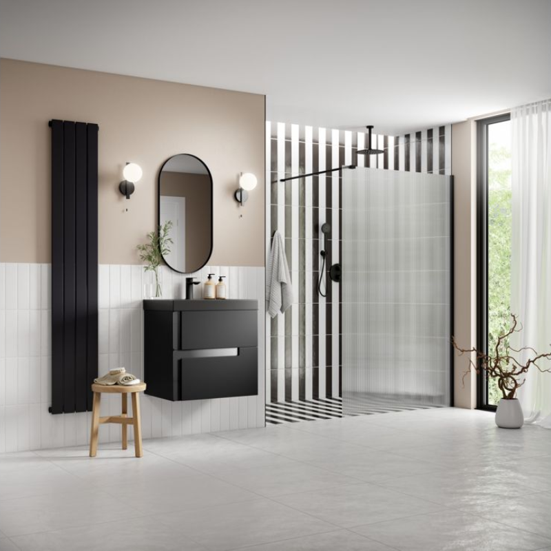 Opulent Alamo 1200mm Fluted Wetroom Panel & Support Arm - Black (OBC107556)