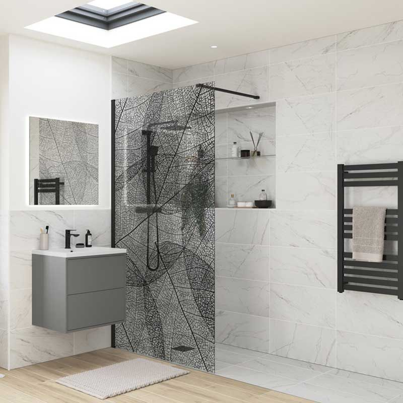 Opulent Alamo 1200mm Leaf Design Wetroom Panel - Black (OBC100612)