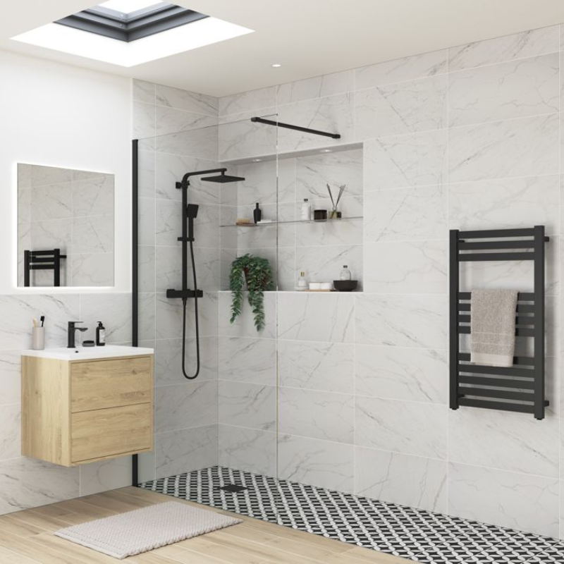 Opulent Alamo 760mm Wetroom Panel & Support Bar - Black (OBC107539)