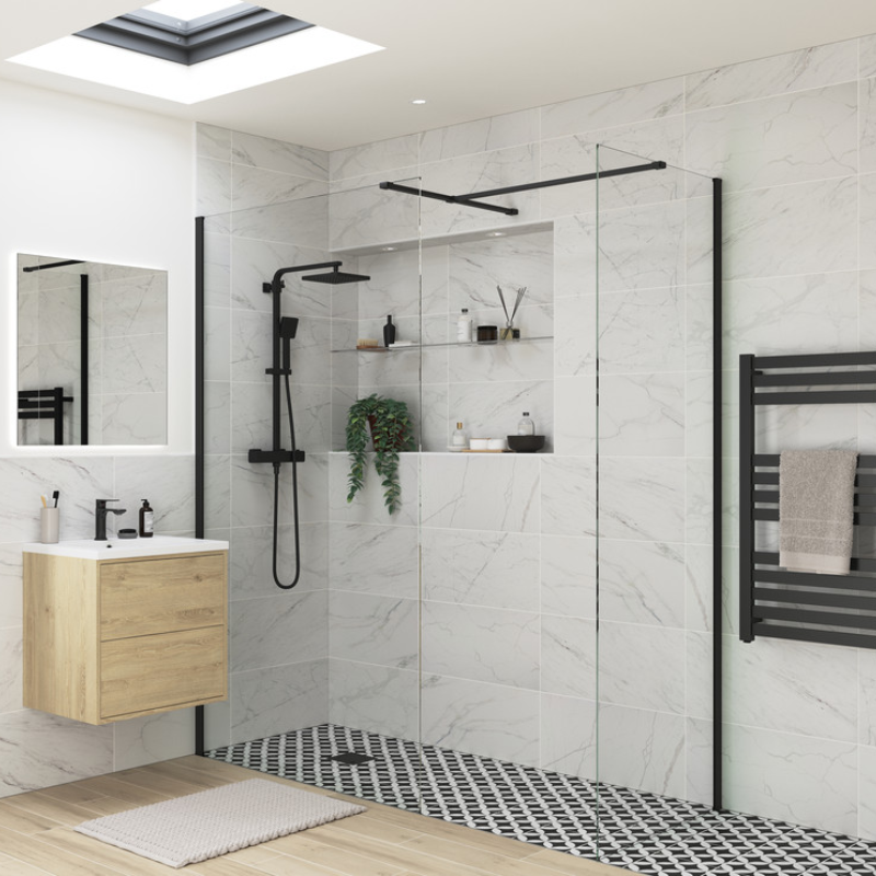 Opulent Alamo 800mm Wetroom Side Panel & Arm - Black (OBC107549)