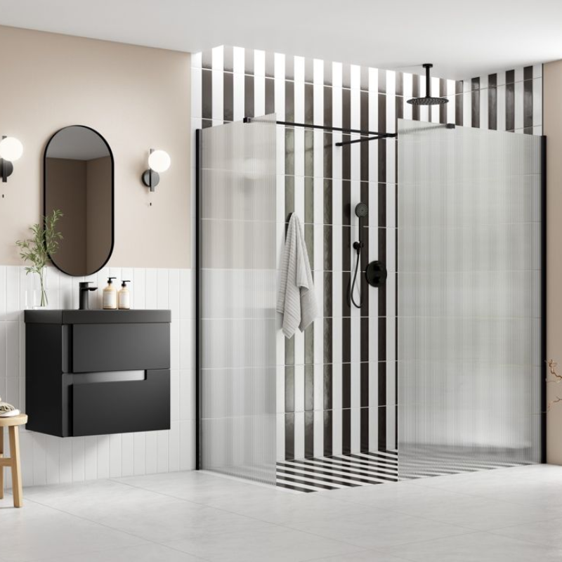 Opulent Alamo 900mm Fluted Wetroom Panel & Side Panel Arm - Black (OBC107559)