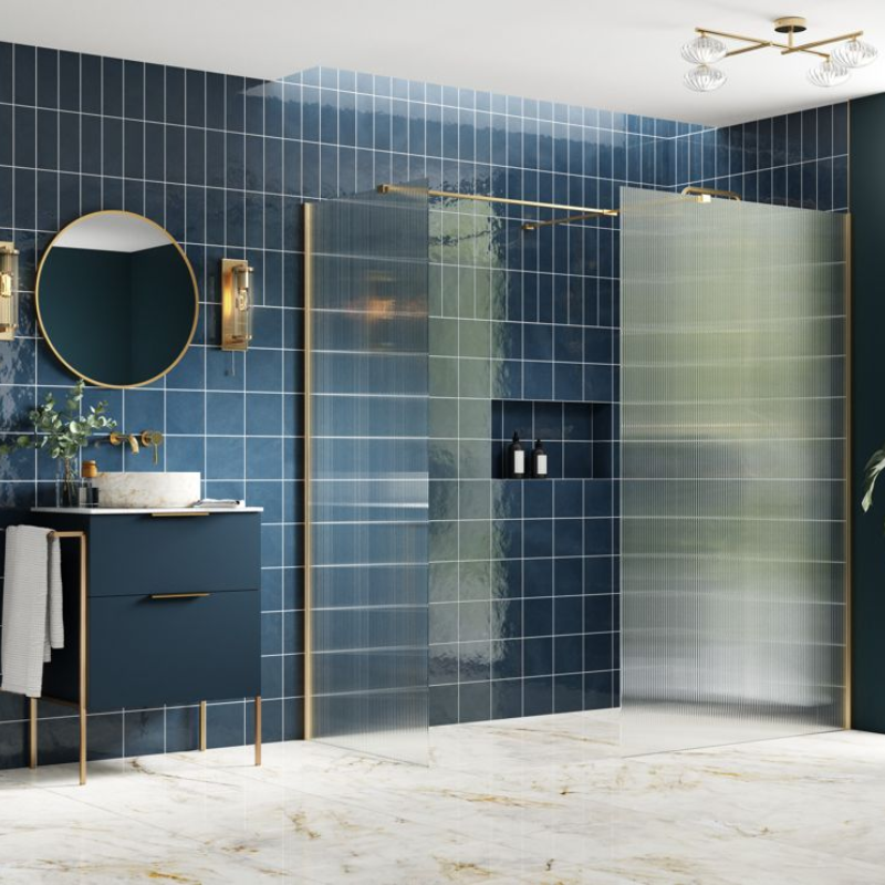 Opulent Alamo 900mm Fluted Wetroom Panel & Side Panel Arm - Brushed Brass (OBC107583)