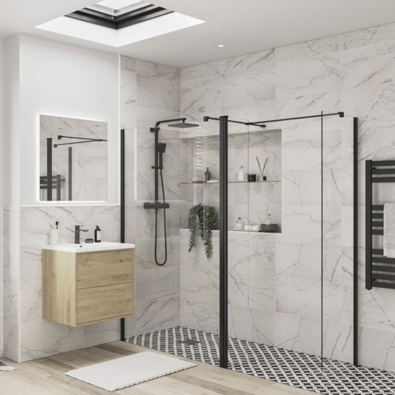 Opulent Alamo Optional 1950x300x8mm Rotatable Wetroom Panel (Full Hinge) - Matt Black (OBC116214)
