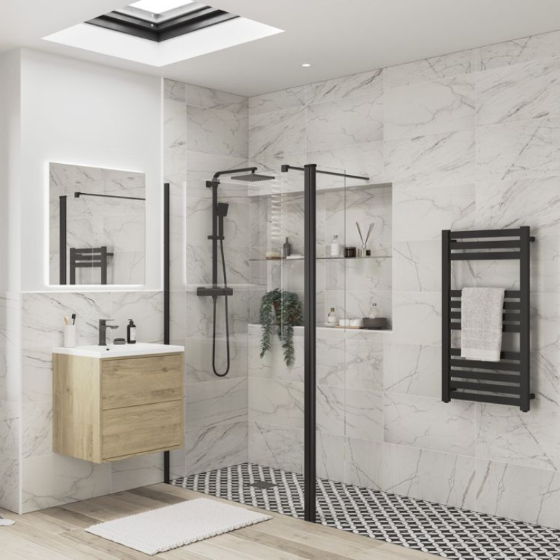 Opulent Alamo Optional 1950x300x8mm Rotatable Wetroom Panel (Full Hinge) - Matt Black (OBC116214)