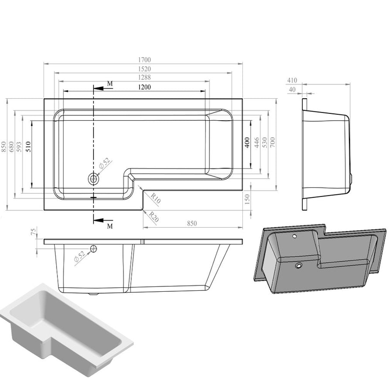 Opulent Carlisle L Shape 1700x850x560mm Shower Bath Pack - Left Hand - Brushed Brass (OBC111378)