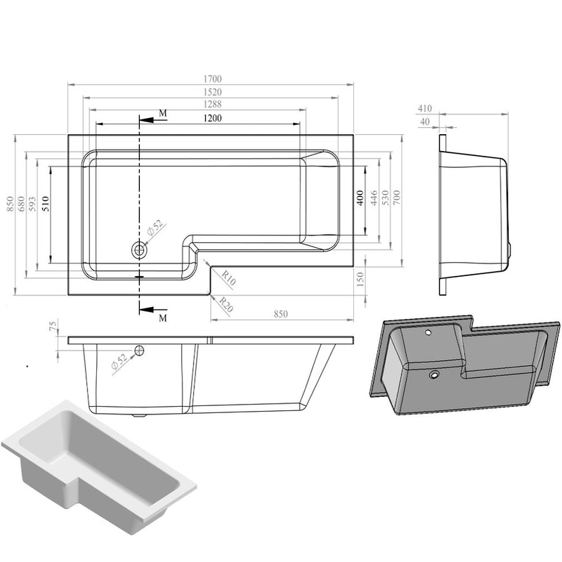 Opulent Carlisle L Shape 1700x850x560mm Shower Bath Pack - Left Hand - Brushed Bronze (OBC111383)