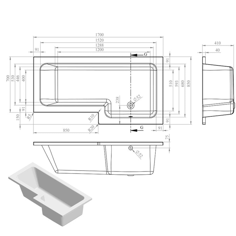 Opulent Carlisle L Shape 1700x850x560mm Shower Bath Pack - Right Hand - Brushed Brass (OBC111379)