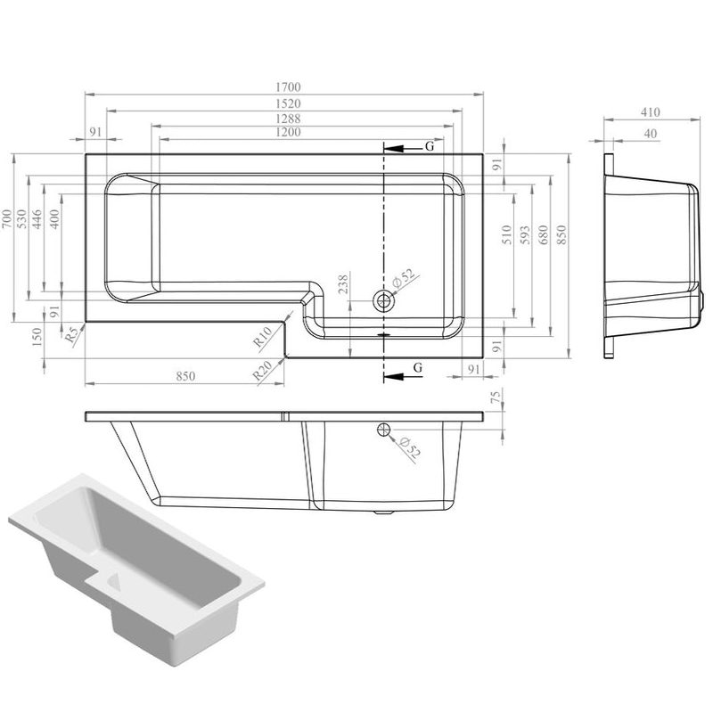 Opulent Carlisle L Shape 1700x850x560mm Shower Bath Pack - Right Hand - Brushed Bronze (OBC111384)