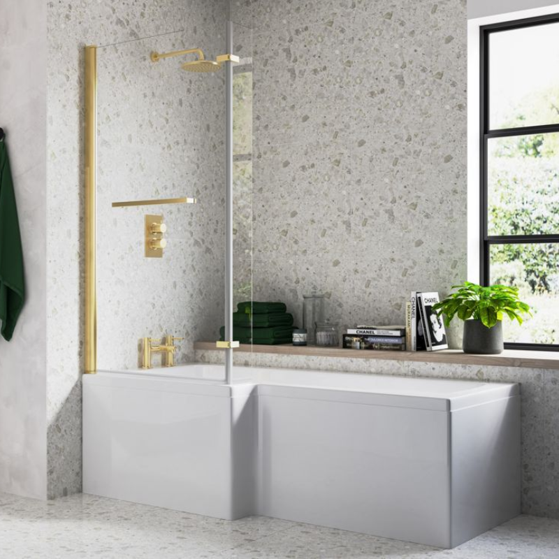 Opulent Carlisle L Shape Supercast 1700x850x560mm Shower Bath Pack - Right Hand - Brushed Brass (OBC111381)