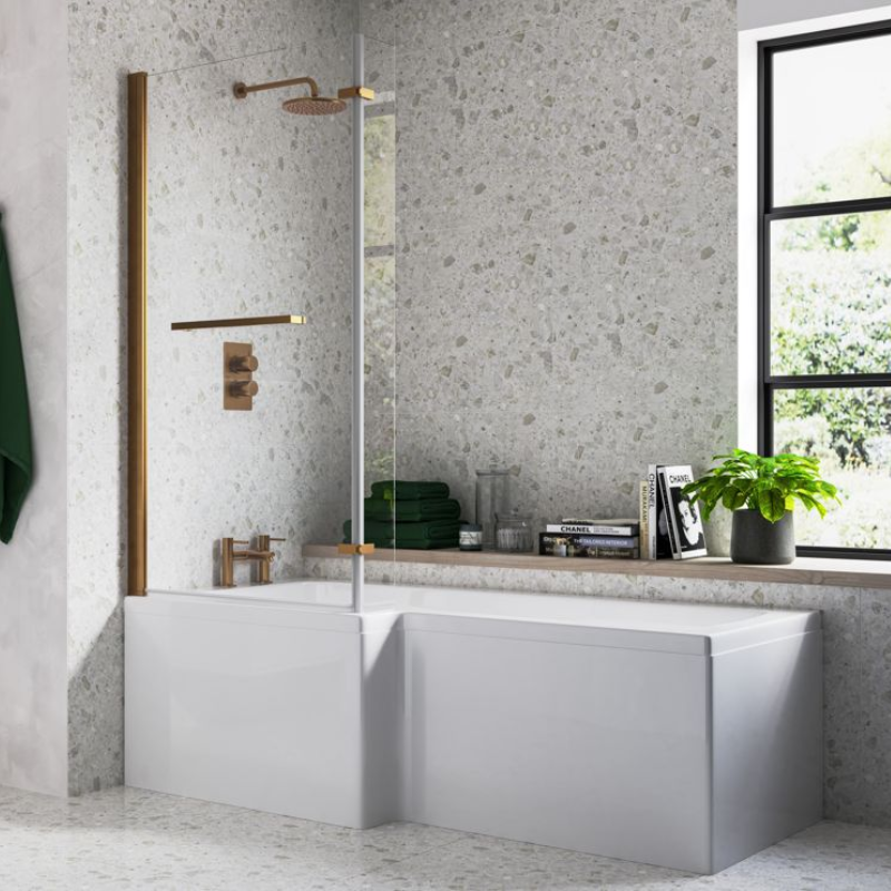 Opulent Carlisle L Shape Supercast 1700x850x560mm Shower Bath Pack - Right Hand - Brushed Bronze (OBC111386)