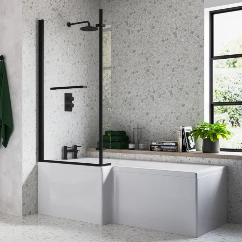 Opulent Carlisle L Shape Supercast 1700x850x560mm Shower Bath Pack - Right Hand - Matt Black (OBC111376)