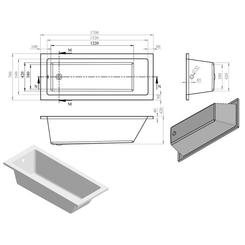 Opulent Carlisle Square Single End 1700x700x550mm Bath with Legs (OBC105621)