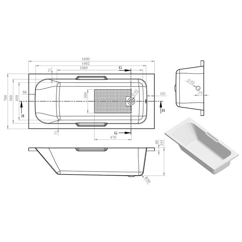 Opulent Cyrus Gripped 1600x700x550mm Bath with Legs (OBC105615)