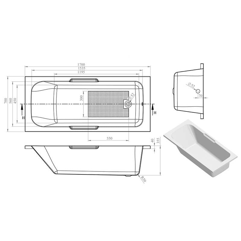 Opulent Cyrus Gripped 1700x700x550mm Bath with Legs (OBC105616)