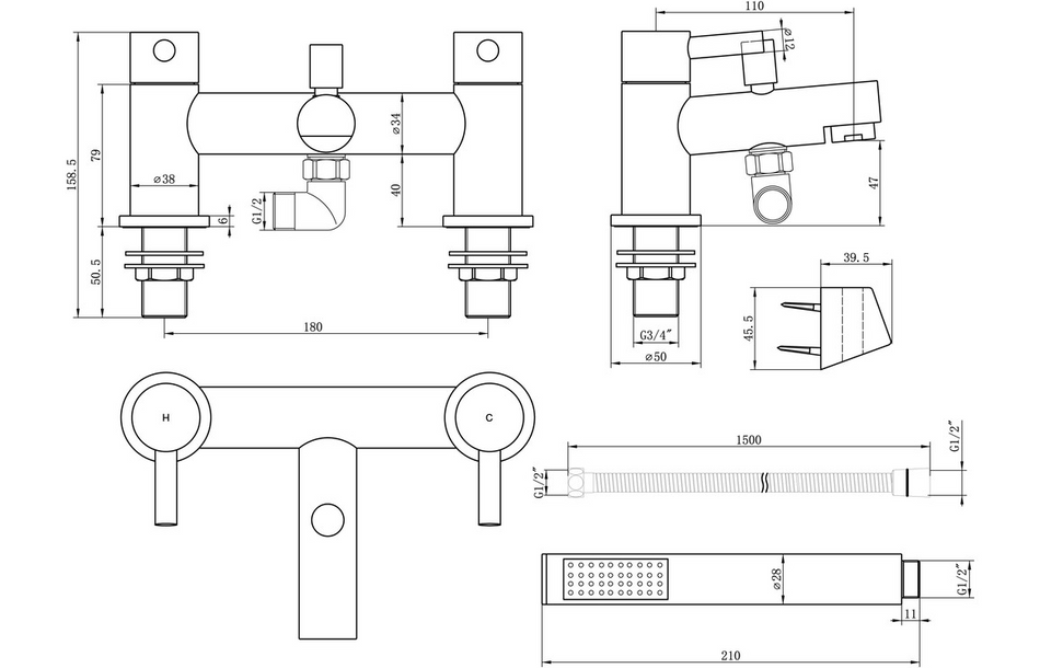 Opulent Derna Bath Shower Mixer and Bracket - Chrome (OBC105771)
