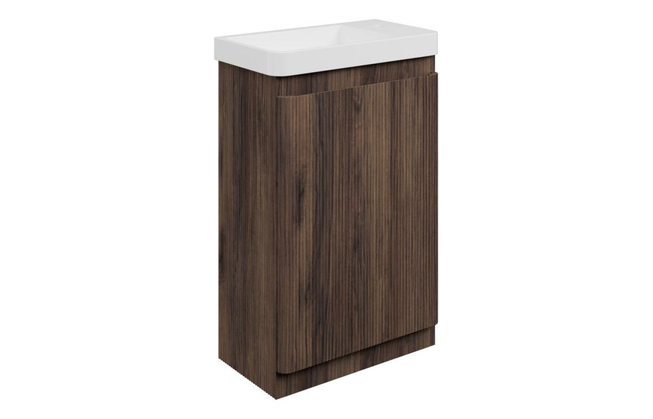 Opulent Dranford 550mm Floor Standing Slim Depth 1 Door Basin Unit & 1TH Basin - Textured Walnut (OBC117112)