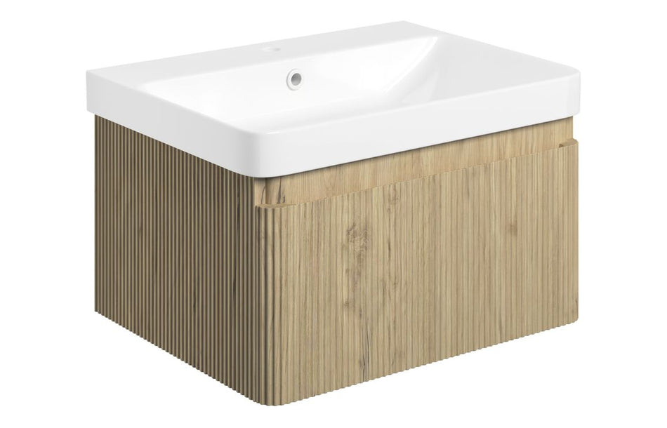 Opulent Dranford 605mm Wall Hung 1 Drawer Basin Unit and Basin - Textured Oak (OBC108922)