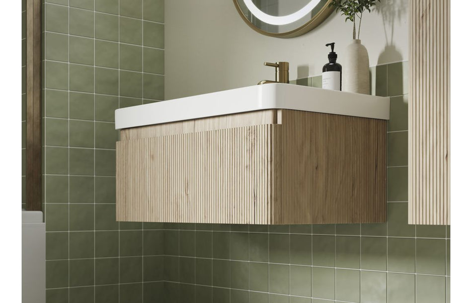 Opulent Dranford 605mm Wall Hung 2 Drawer Basin Unit & 1TH Basin - Textured Oak (OBC117117)