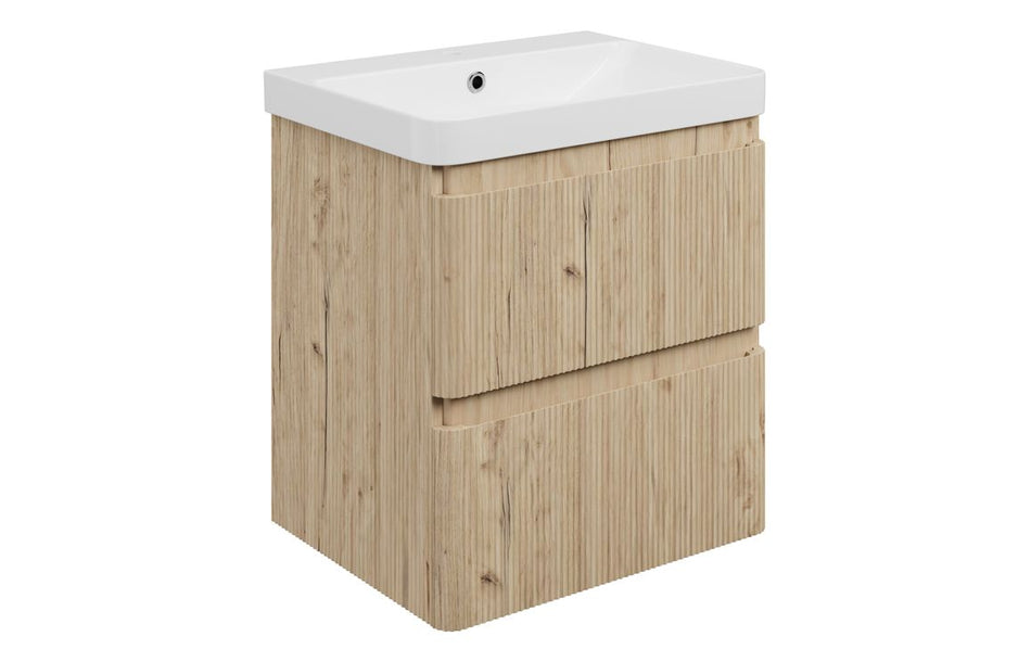 Opulent Dranford 605mm Wall Hung 2 Drawer Basin Unit & 1TH Basin - Textured Oak (OBC117117)