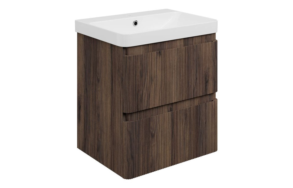 Opulent Dranford 605mm Wall Hung 2 Drawer Basin Unit & 1TH Basin - Textured Walnut (OBC117118)