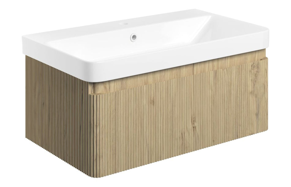 Opulent Dranford 805mm Wall Hung 1 Drawer Basin Unit and Basin - Textured Oak (OBC108923)