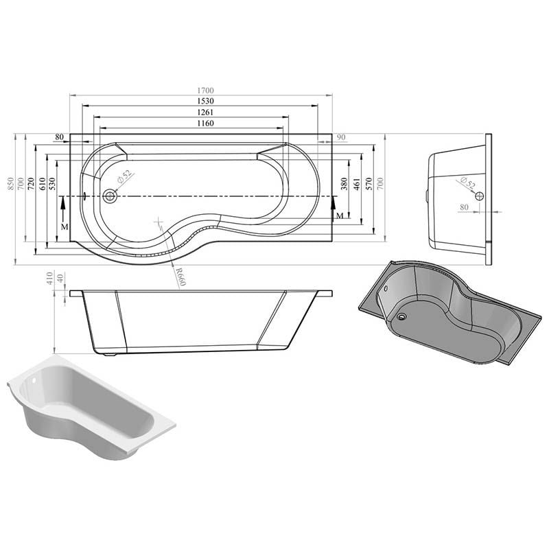 Opulent Easton P Shape 1700x850x560mm Shower Bath Pack - Left Hand (OBC105608)