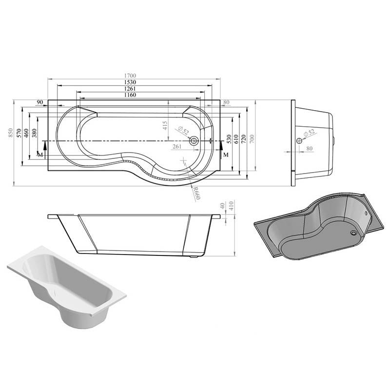 Opulent Easton P Shape 1700x850x560mm Shower Bath Pack - Right Hand (OBC105609)