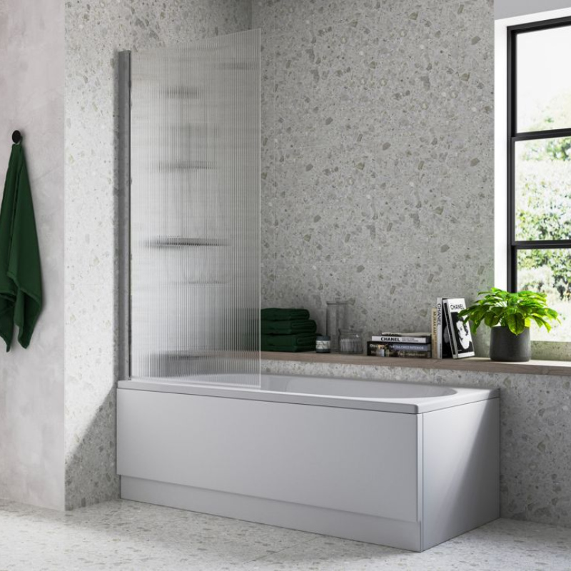 Opulent Fluted 800x1500mm Single Straight Bath Screen (5mm) - Chrome (OBC111394)
