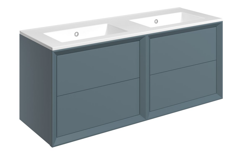 Opulent Kenilworth 1210mm Wall Hung 4 Drawer Basin Unit and No Tap Hole Thin Edge Basin - Matt Storm Blue (OBC111316)