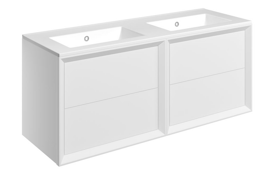 Opulent Kenilworth 1210mm Wall Hung 4 Drawer Basin Unit and No Tap Hole Thin Edge Basin - Matt White (OBC116151)