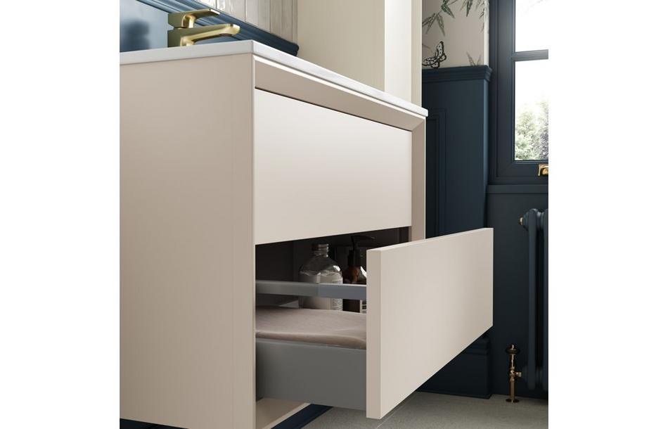 Opulent Kenilworth 610mm Wall Hung 2 Drawer Basin Unit and 1 Tap Hole Thin Edge Basin - Matt Cotton (OBC108463)
