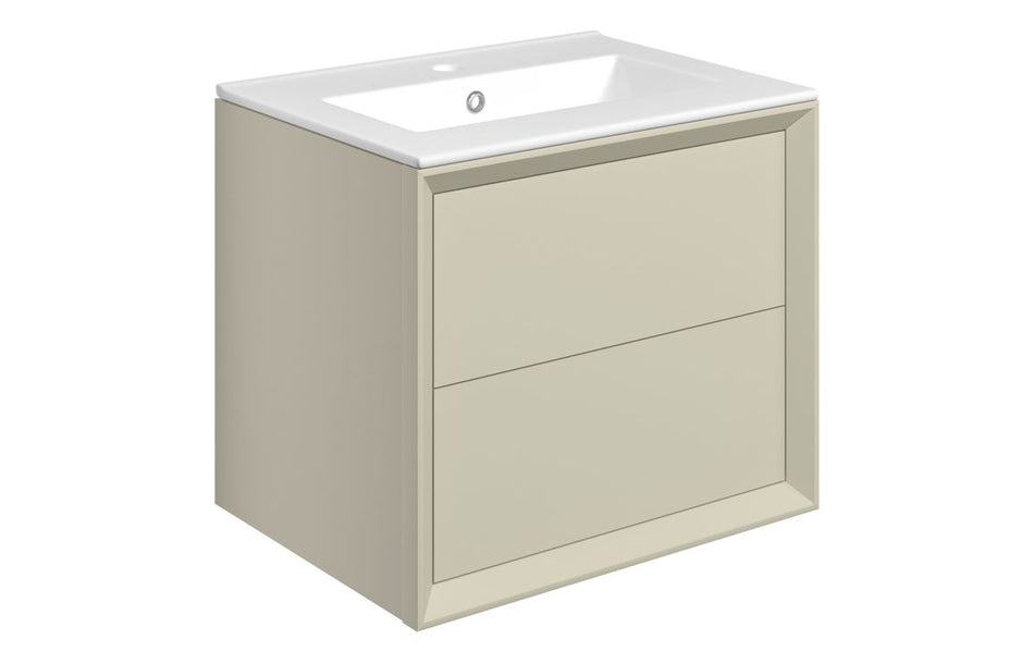 Opulent Kenilworth 610mm Wall Hung 2 Drawer Basin Unit and 1 Tap Hole Thin Edge Basin - Matt Cotton (OBC108463)