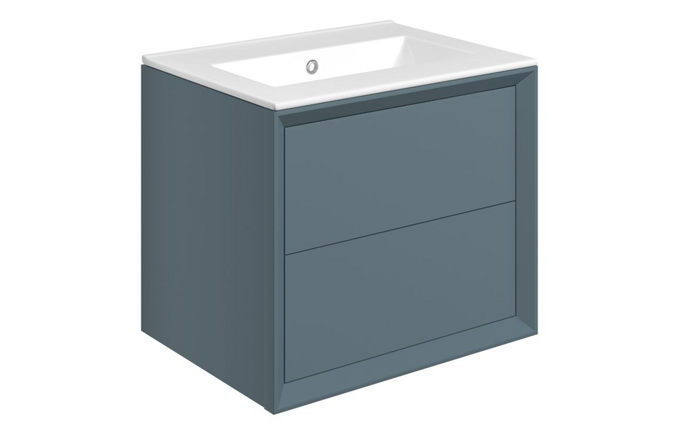 Opulent Kenilworth 610mm Wall Hung 2 Drawer Basin Unit and No Tap Hole Thin Edge Basin - Matt Storm Blue (OBC111313)
